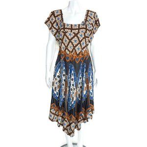 MAYLA Batik Brown Blue Beige Butterfly Floral Ethnic Festival Boho Dress M /6599